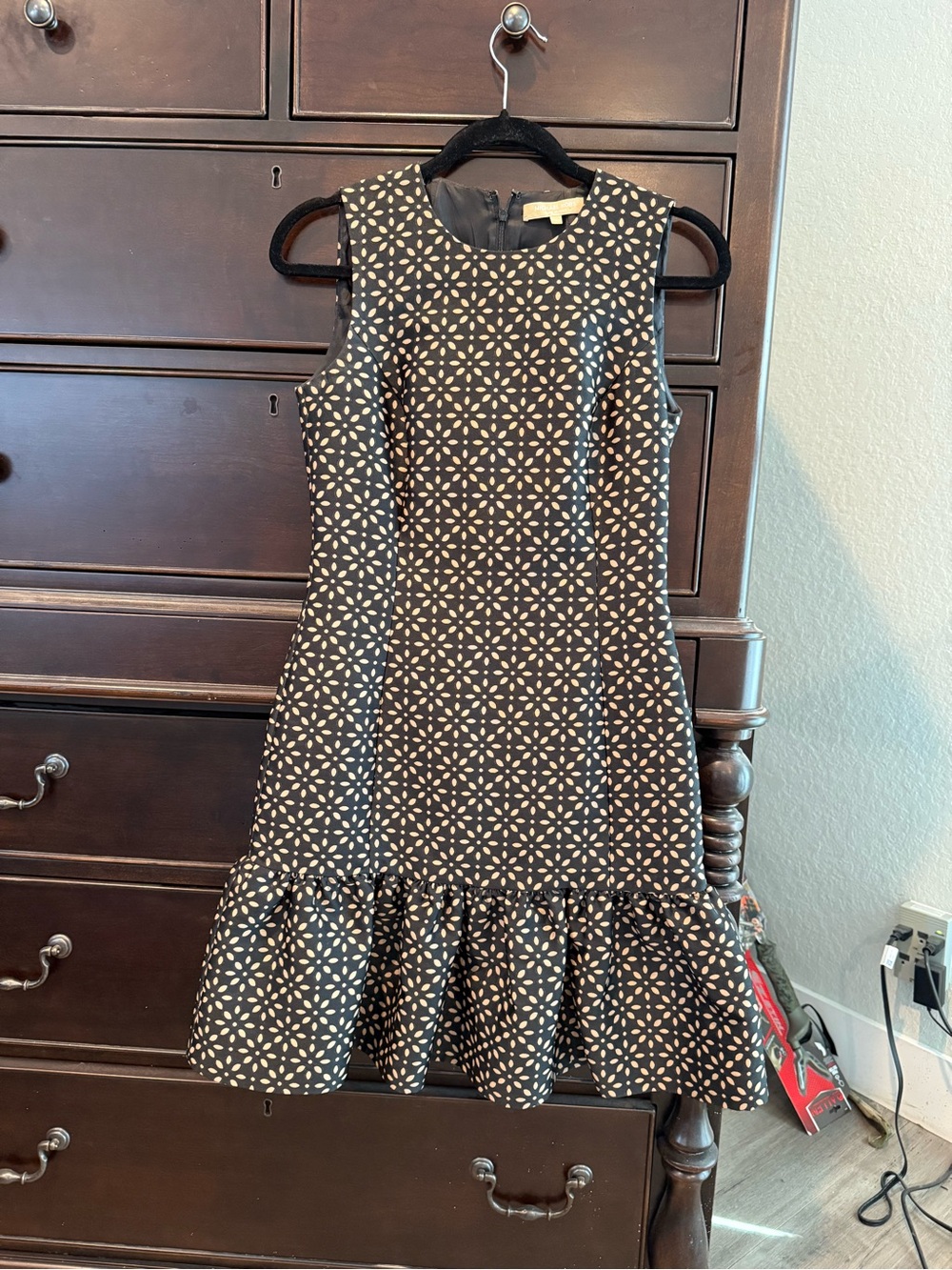 Michael Kors Black Mini Dress with Cream Dot Lattice Print and Ruffle Hem